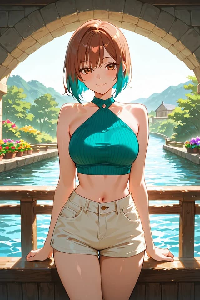 Colorful illustration of a woman in teal beside a canal