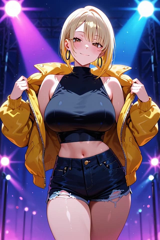 Blonde anime character in a dark crop top and yellow festival jacket