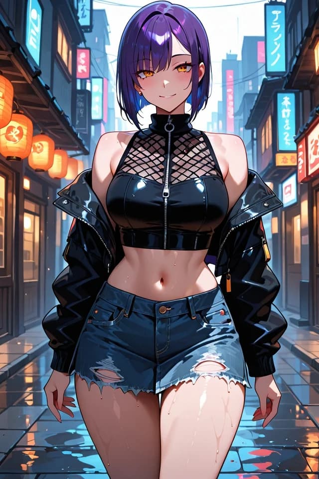 Indigo-haired anime character in black streetwear after the rain