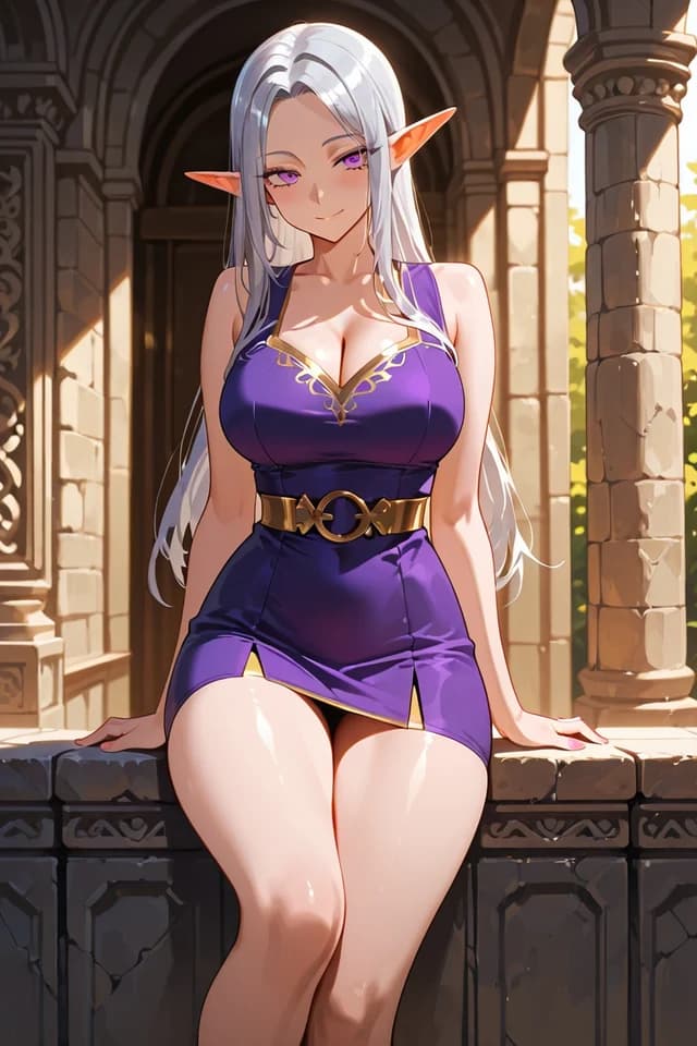 Silver-haired anime elf in a violet dress on a palace balcony