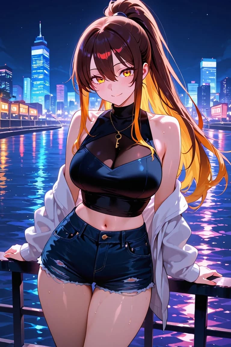 AI anime character with a dark ponytail and golden highlights in black streetwear by a city waterfront at night