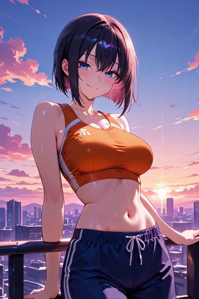 Anime fitness instructor in orange sportswear on a sunset rooftop