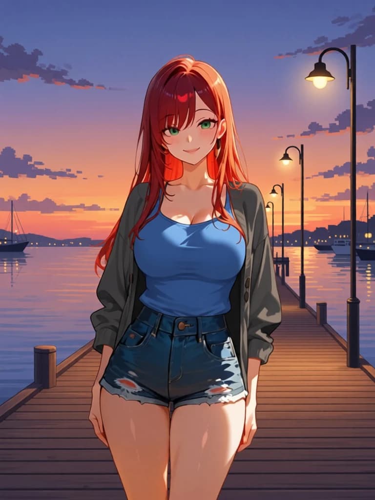The same AI anime character in a blue tank and charcoal shirt on a seaside boardwalk