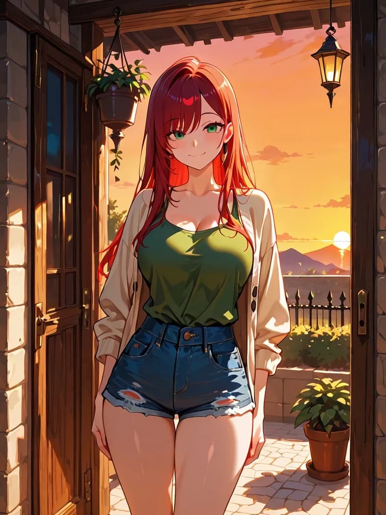 Auburn-haired AI anime character in an olive tank and beige shirt in a courtyard