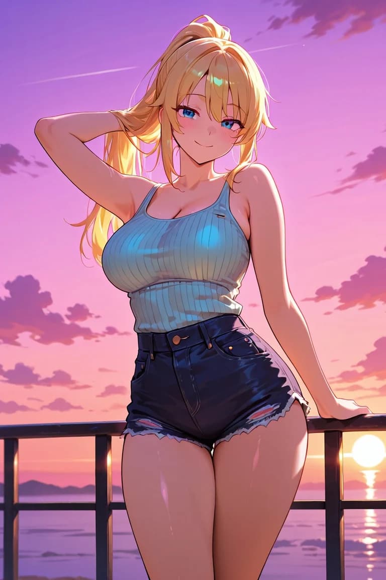 Blonde AI anime character in a pale blue ribbed tank and denim shorts beside the sea at sunset