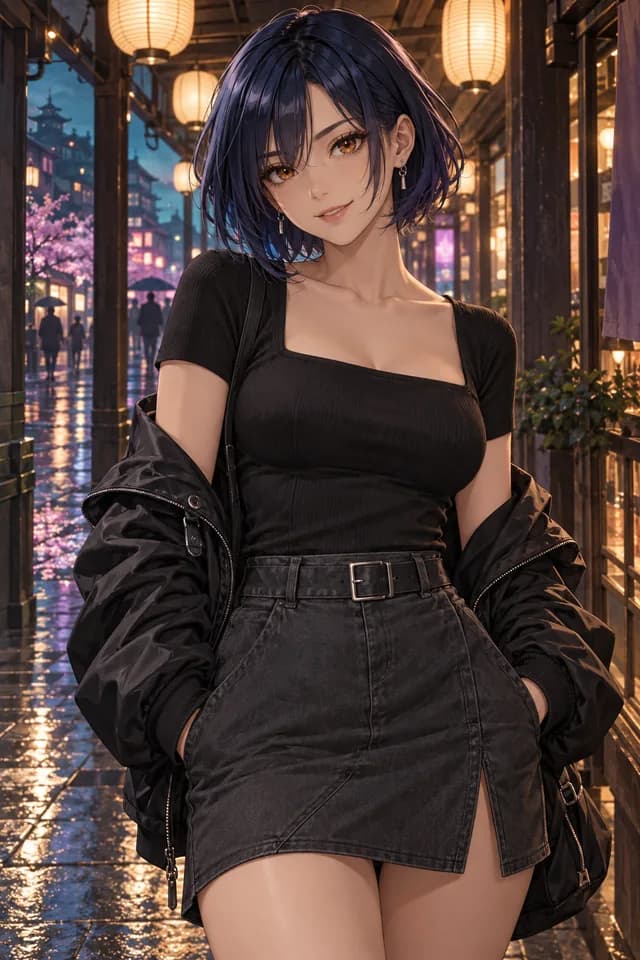 Anime woman with an indigo bob beneath lanterns on a rain-wet city street
