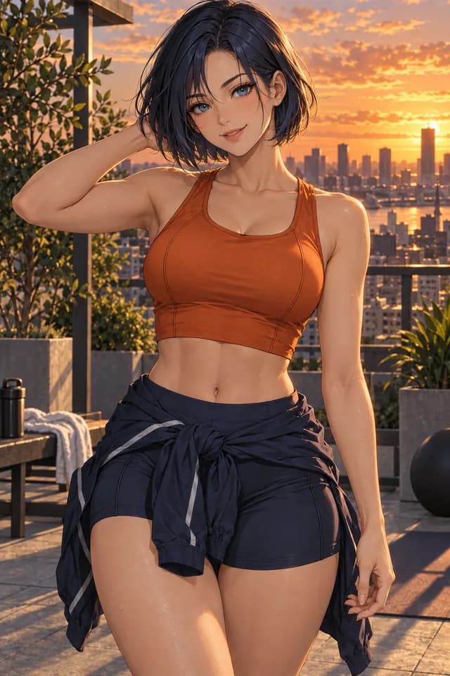 Anime woman in orange activewear on a rooftop at sunset
