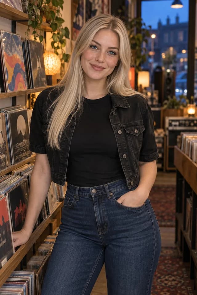 Blonde woman in black denim browsing a warmly lit record shop