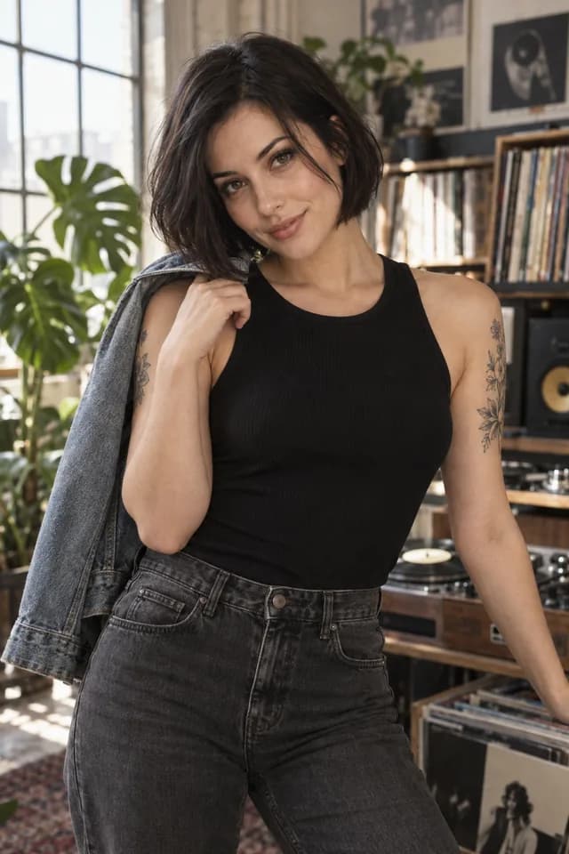 Tattooed woman with a dark bob and black tank in a sunlit record studio