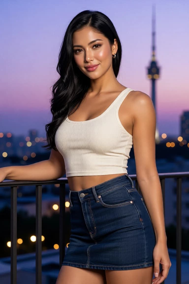 Woman in an ivory crop top above the Seoul skyline