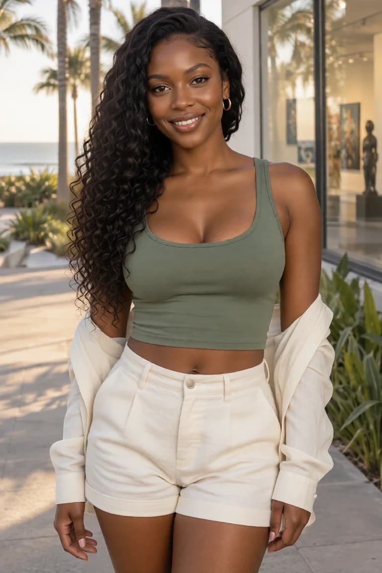 AI-created woman with dark curls in a sage tank outside a seaside art gallery
