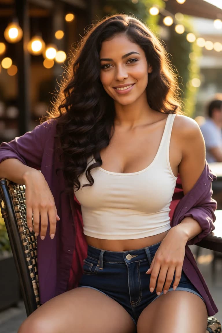 AI-created brunette in a cream tank at a sunlit café