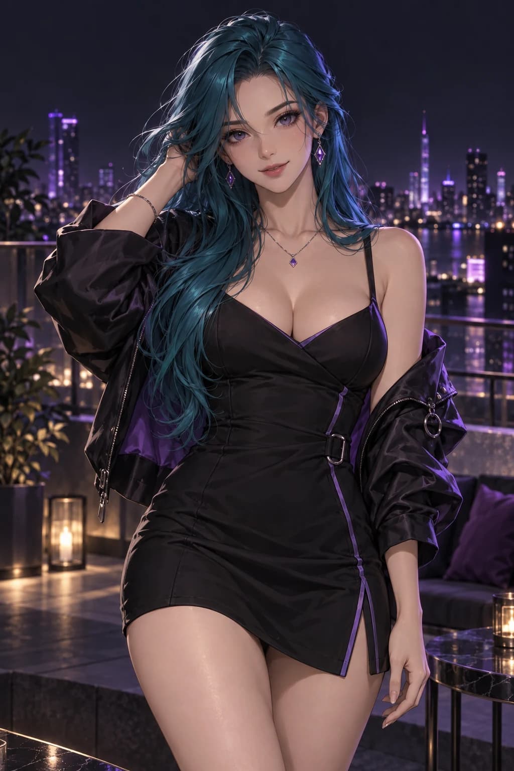 AI-created teal-haired anime character in casual nighttime fashion