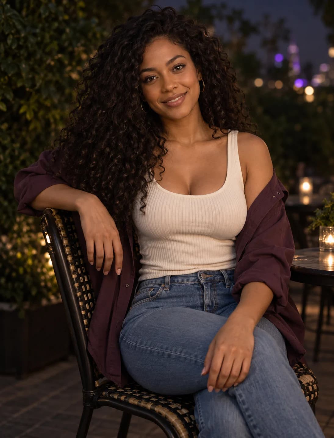 AI-created woman with dark curls in a cream tank and plum overshirt at a café
