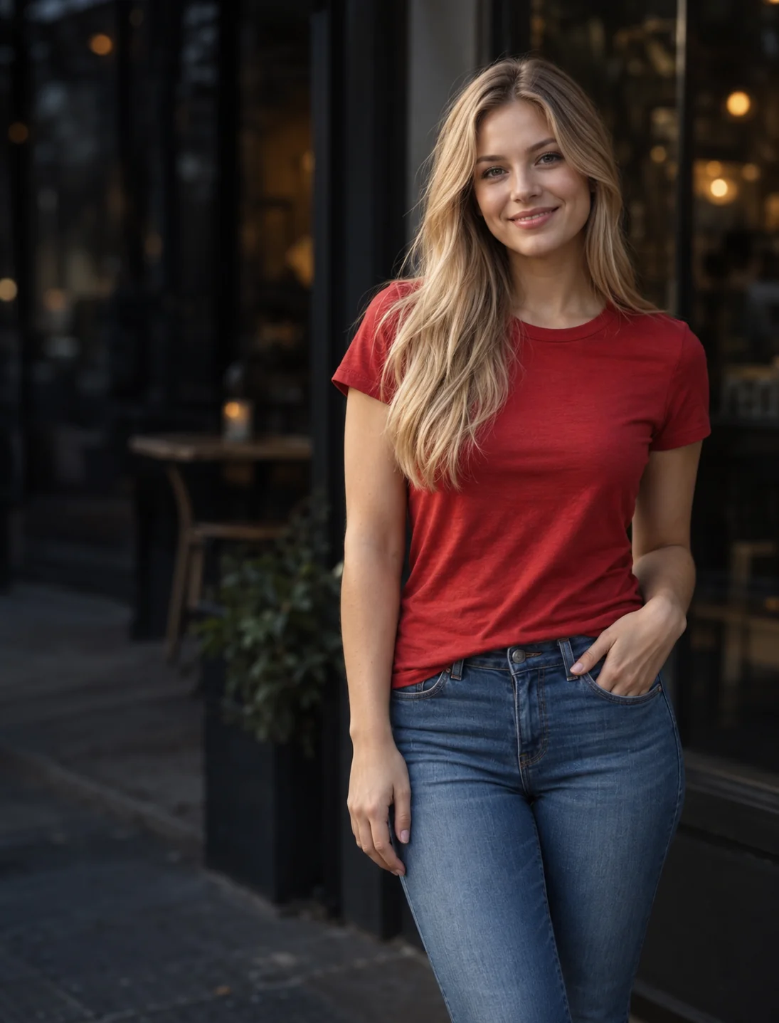 AI-created blonde woman in a red casual top outside a café