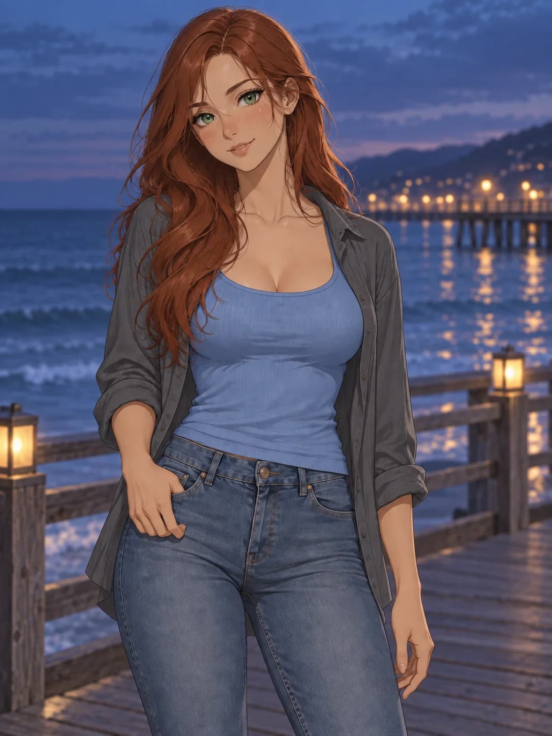 The same anime woman with a blue tank and charcoal shirt on a seaside boardwalk