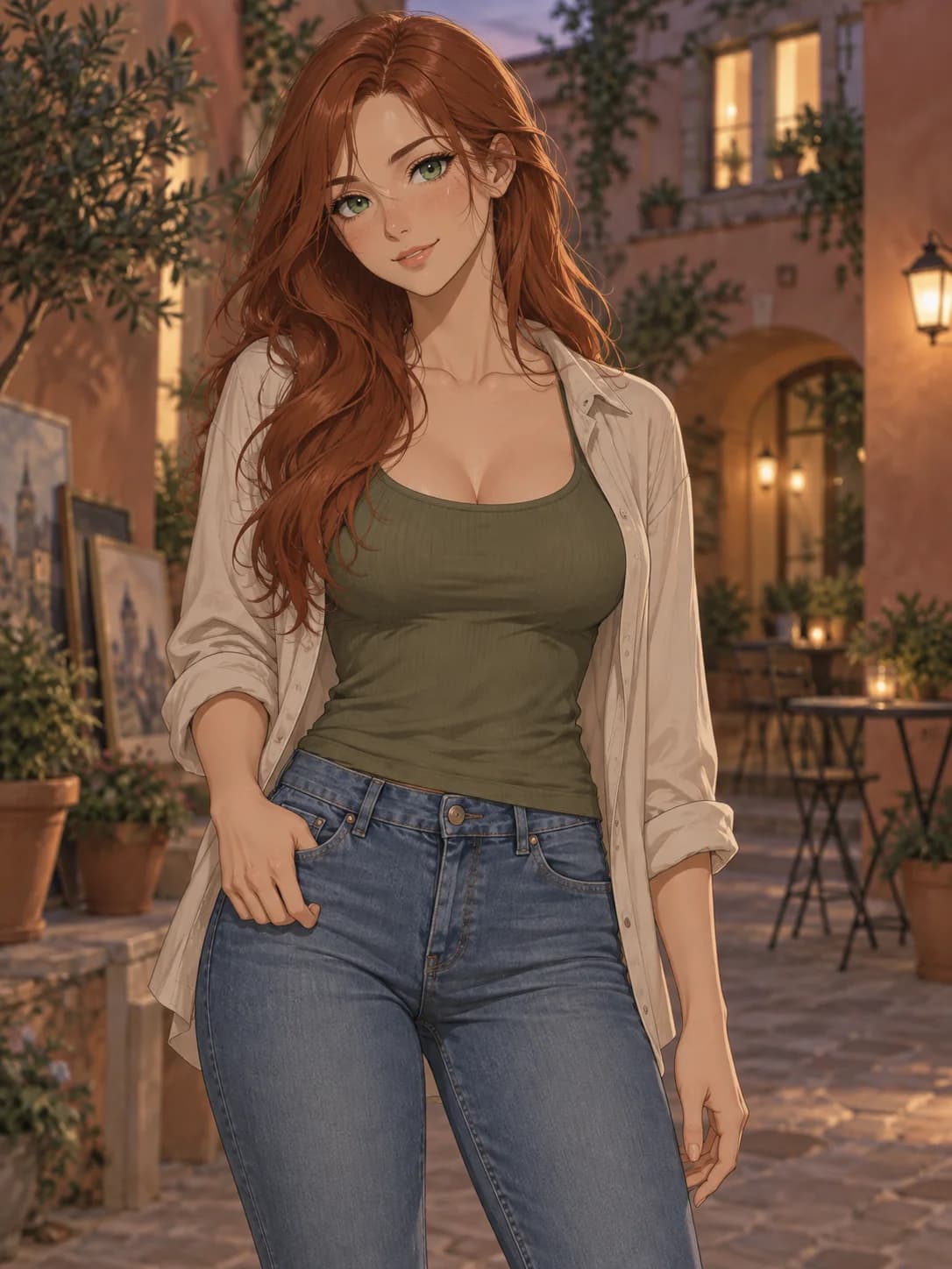 AI-created auburn-haired anime woman in an olive tank and beige shirt in a courtyard